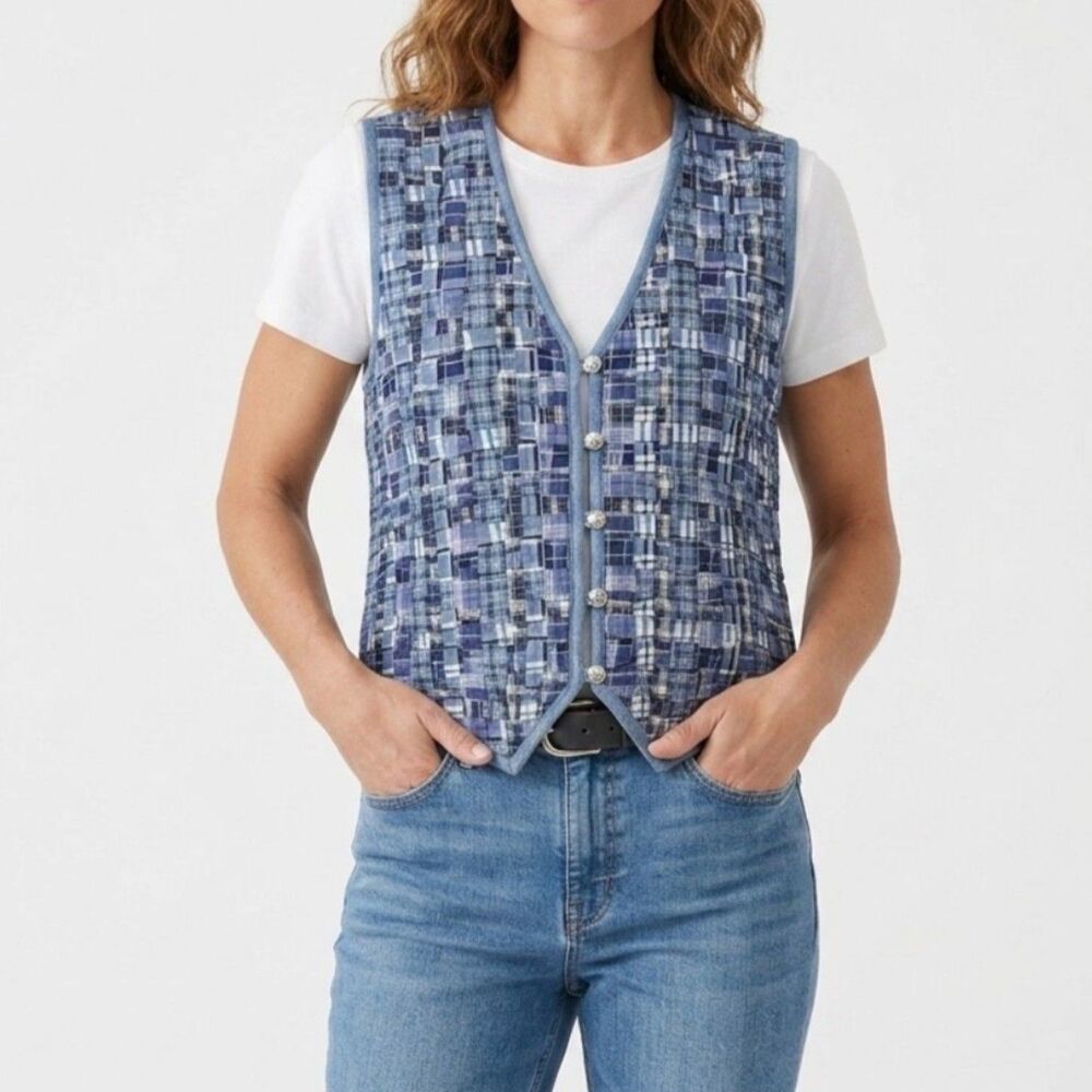 Paul Harris Women's Blue Woven Madras Plaid VTG 90s Button Front Vest Size XL
